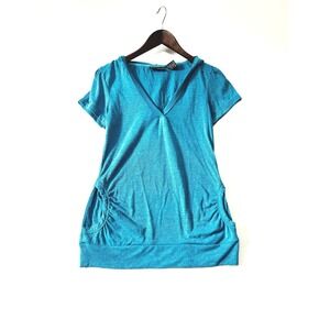 Y2K Licorice Womens Short Sleeve Hoodie V-Neck Teal Metallic Shimmer Top L Prepp